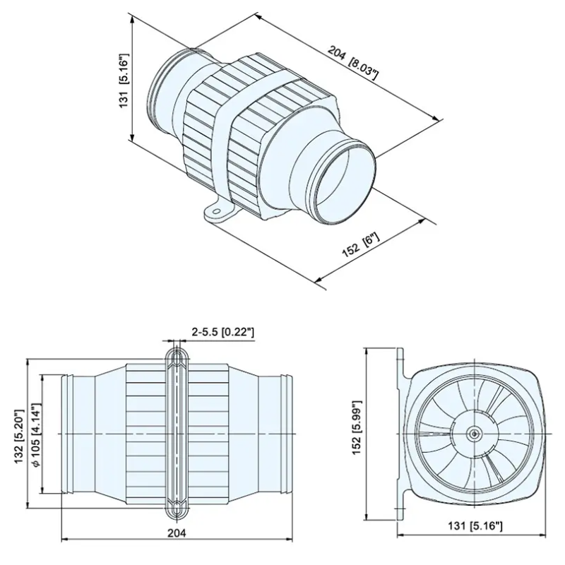 dimensions blower en ligne d105