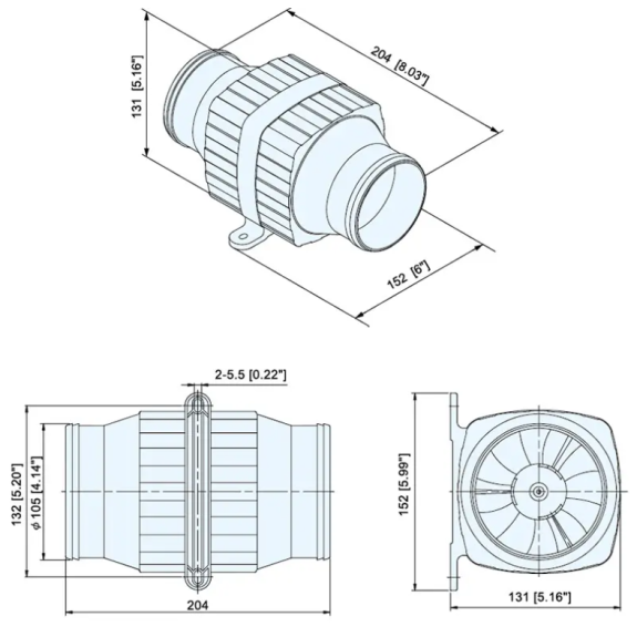 dimensions blower en ligne d105