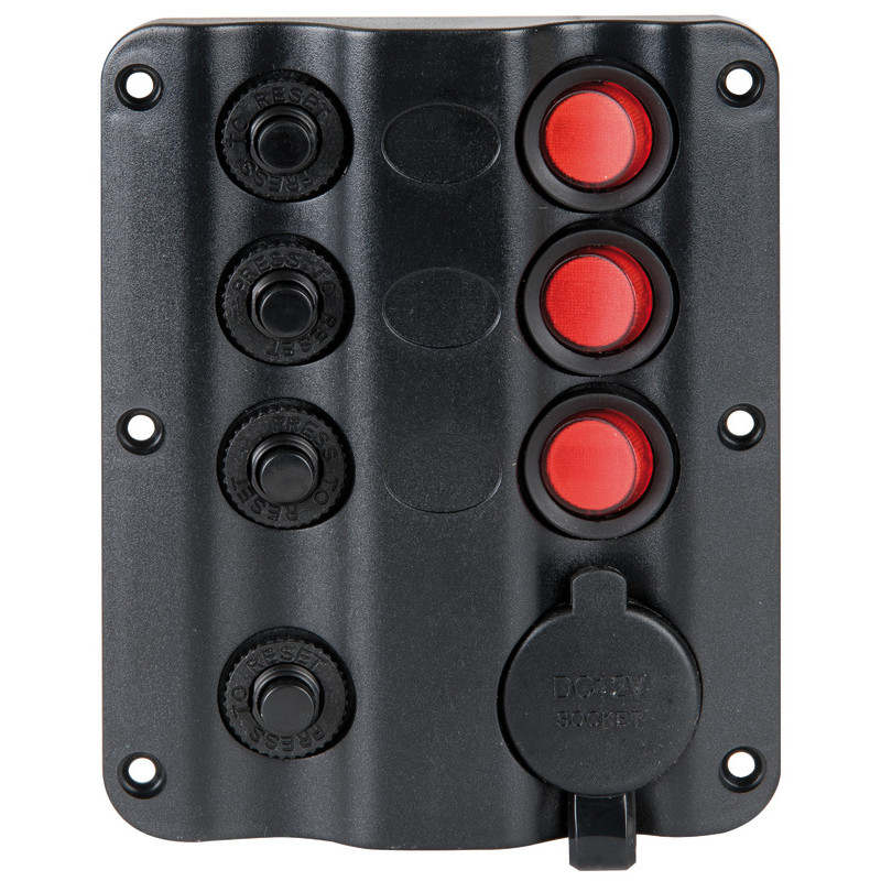 Tableau électrique Wave 3 interrupteurs à disjoncteurs réarmables + 1 prise allume-cigare 12V – étanche IP54