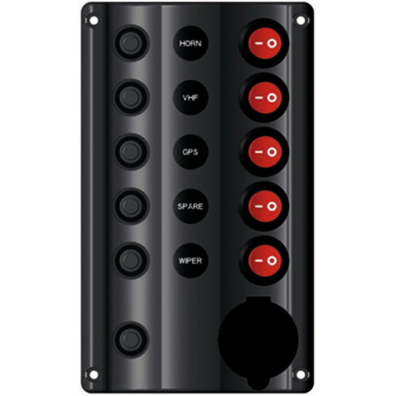 Tableau électrique Wave 5 interrupteurs à disjoncteurs réarmables + prise allume-cigare 12V – étanche IP54