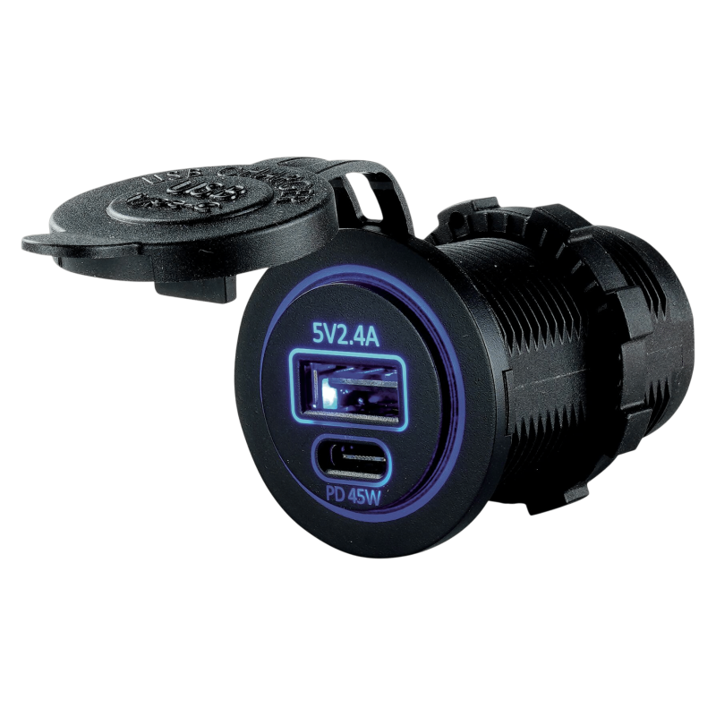 Prise USB charge rapide : 1 port USB-A 2,4 A et 1 port USB-C PD 45 W