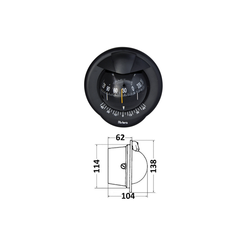Compas de cloison Polare 3" avec inclinomètre, éclairé 12 V, boîtier noir, rose noire - RIVIERA