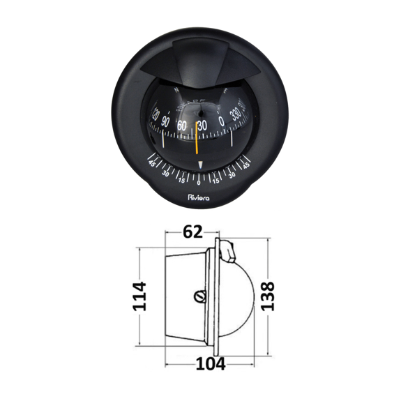 Compas de cloison Polare 3" avec inclinomètre, éclairé 12 V, boîtier noir, rose noire - RIVIERA