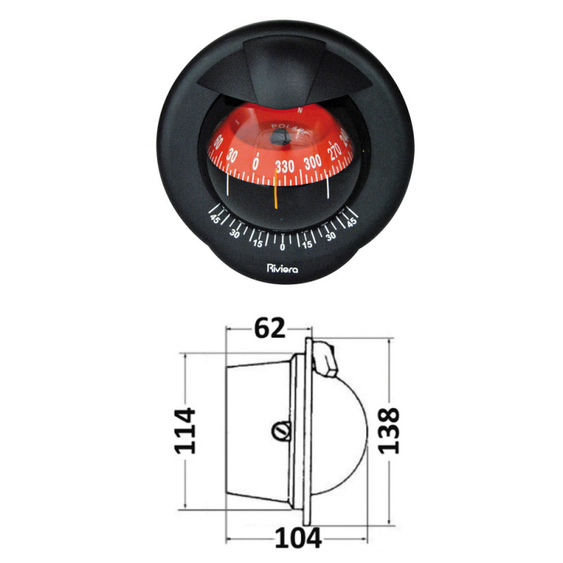 Compas de cloison Polare 3" avec inclinomètre, éclairé 12 V,  boîtier noir, rose rouge - RIVIERA