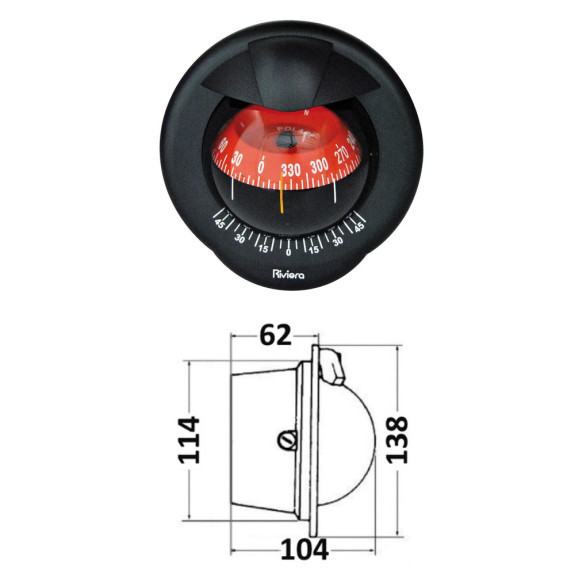 Compas de cloison Polare 3" avec inclinomètre, éclairé 12 V,  boîtier noir, rose rouge - RIVIERA
