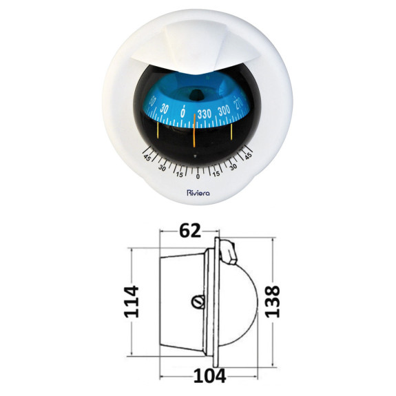 Compas de cloison Polare 3" avec inclinomètre, éclairé 12V, boîtier blanc, rose bleue - RIVIERA